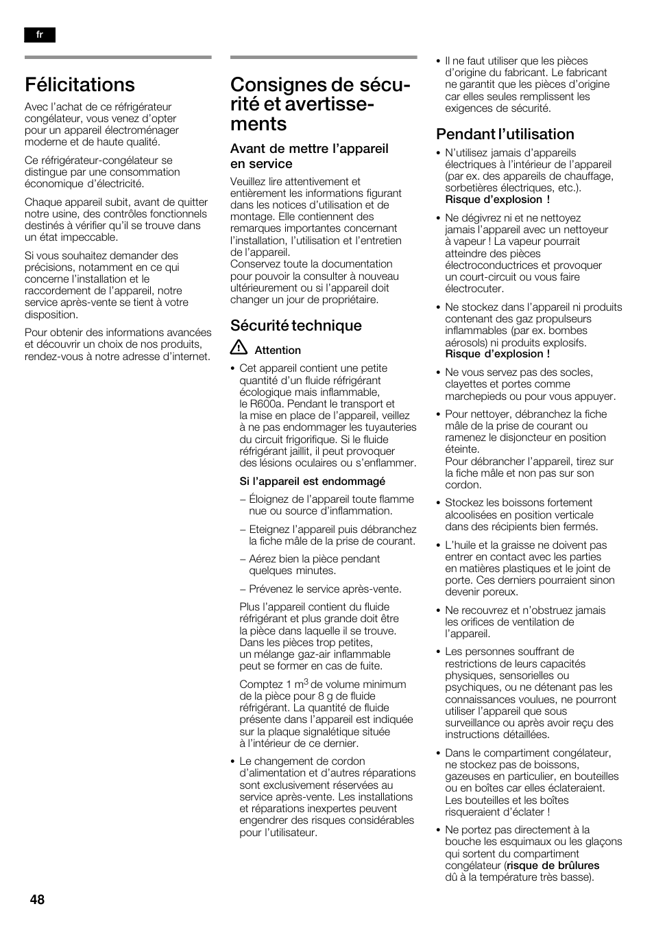 Félicitations, Consignes de sécuć rité et avertisseć ments, Sécurité technique | Pendant l'utilisation | Siemens KA63DA71 User Manual | Page 48 / 114