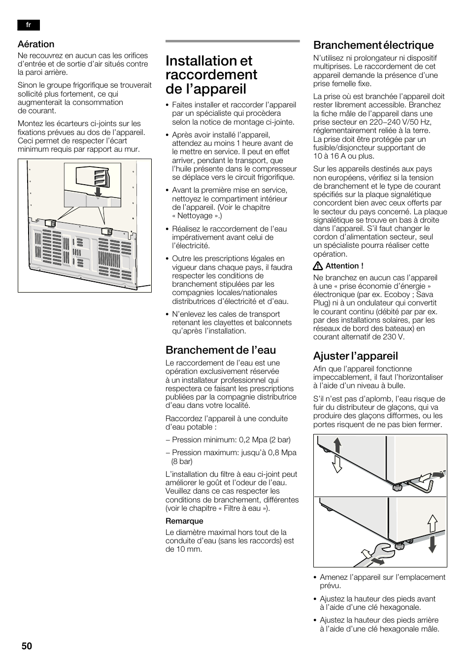 Installation et raccordement de l'appareil, Branchement de l'eau, Branchement électrique | Ajuster l'appareil | Siemens KA63DA71 User Manual | Page 50 / 114