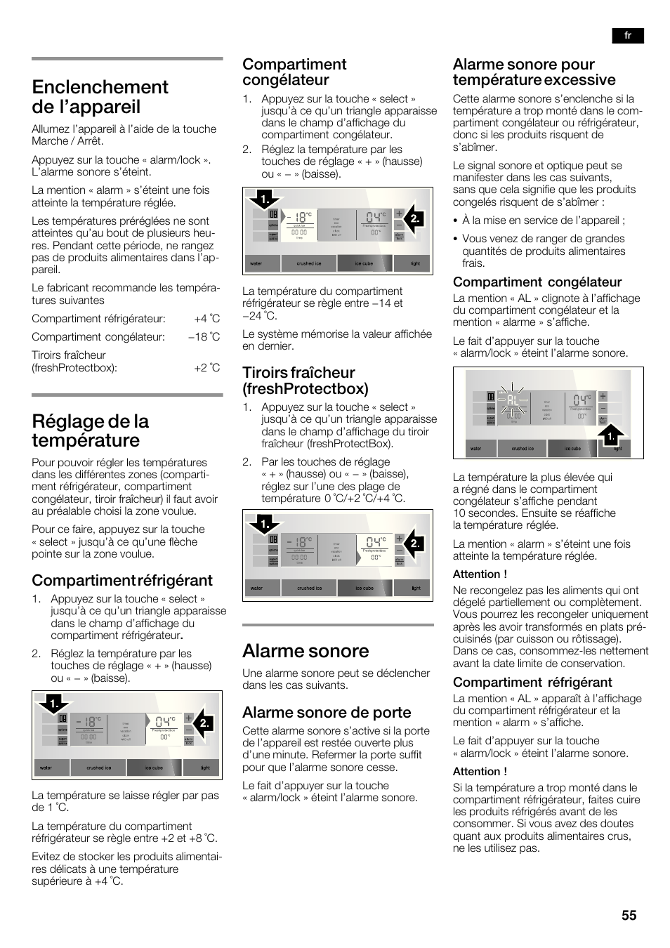 Enclenchement de l'appareil, Réglage de la température, Alarme sonore | Compartiment réfrigérant, Compartiment congélateur, Tiroirs fraîcheur (freshprotectbox), Alarme sonore de porte, Alarme sonore pour température excessive | Siemens KA63DA71 User Manual | Page 55 / 114