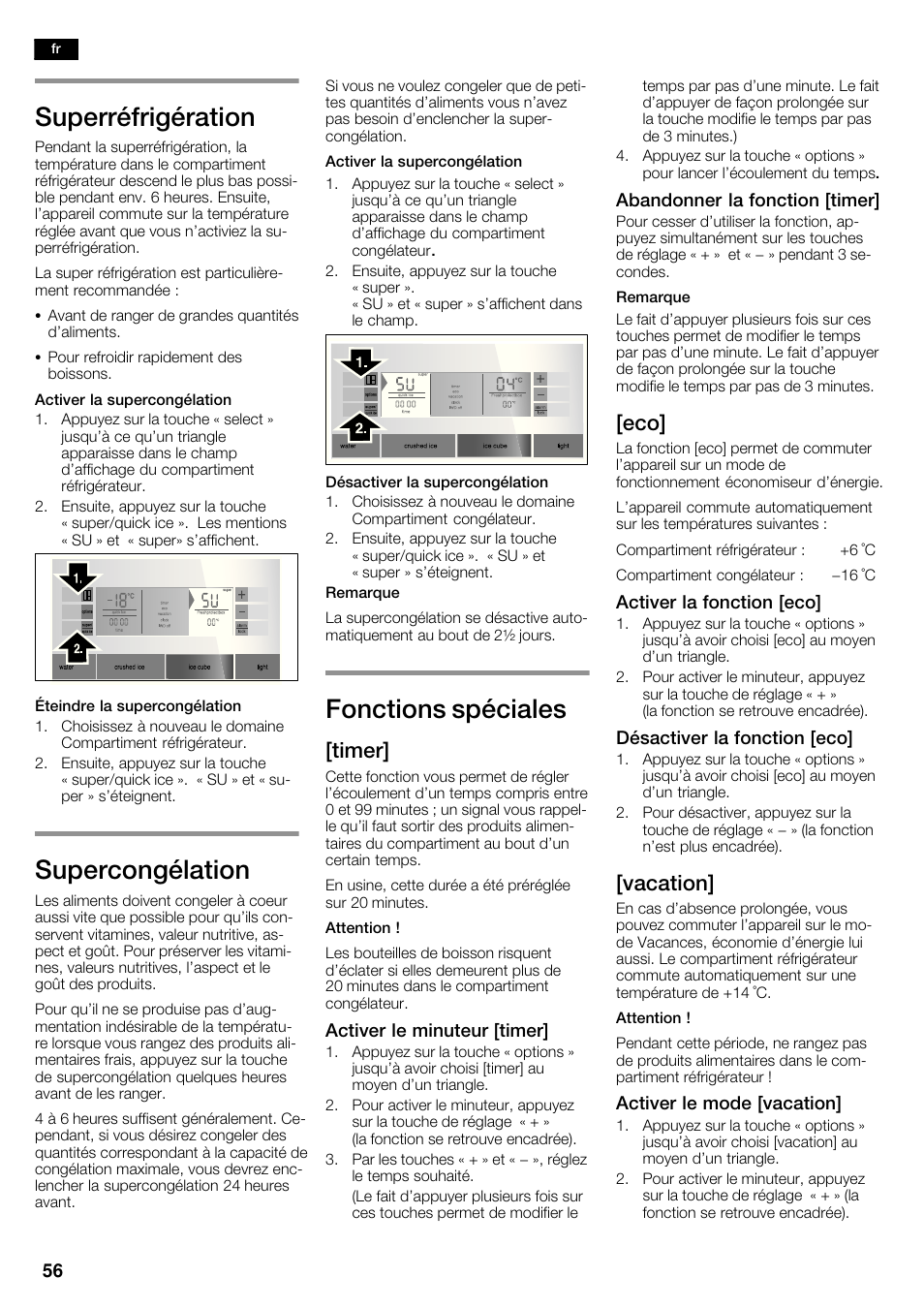 Superréfrigération, Supercongélation, Fonctions spéciales | Timer, Vacation | Siemens KA63DA71 User Manual | Page 56 / 114