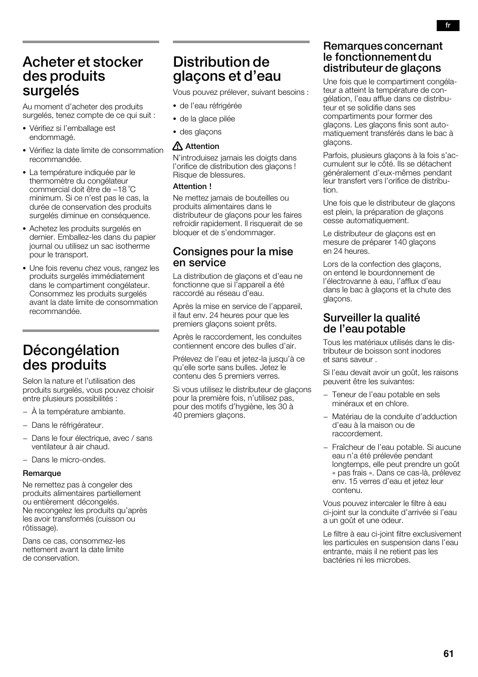 Acheter et stocker des produits surgelés, Décongélation des produits, Distribution de glaçons et d'eau | Consignes pour la mise en service, Surveiller la qualité de l'eau potable | Siemens KA63DA71 User Manual | Page 61 / 114