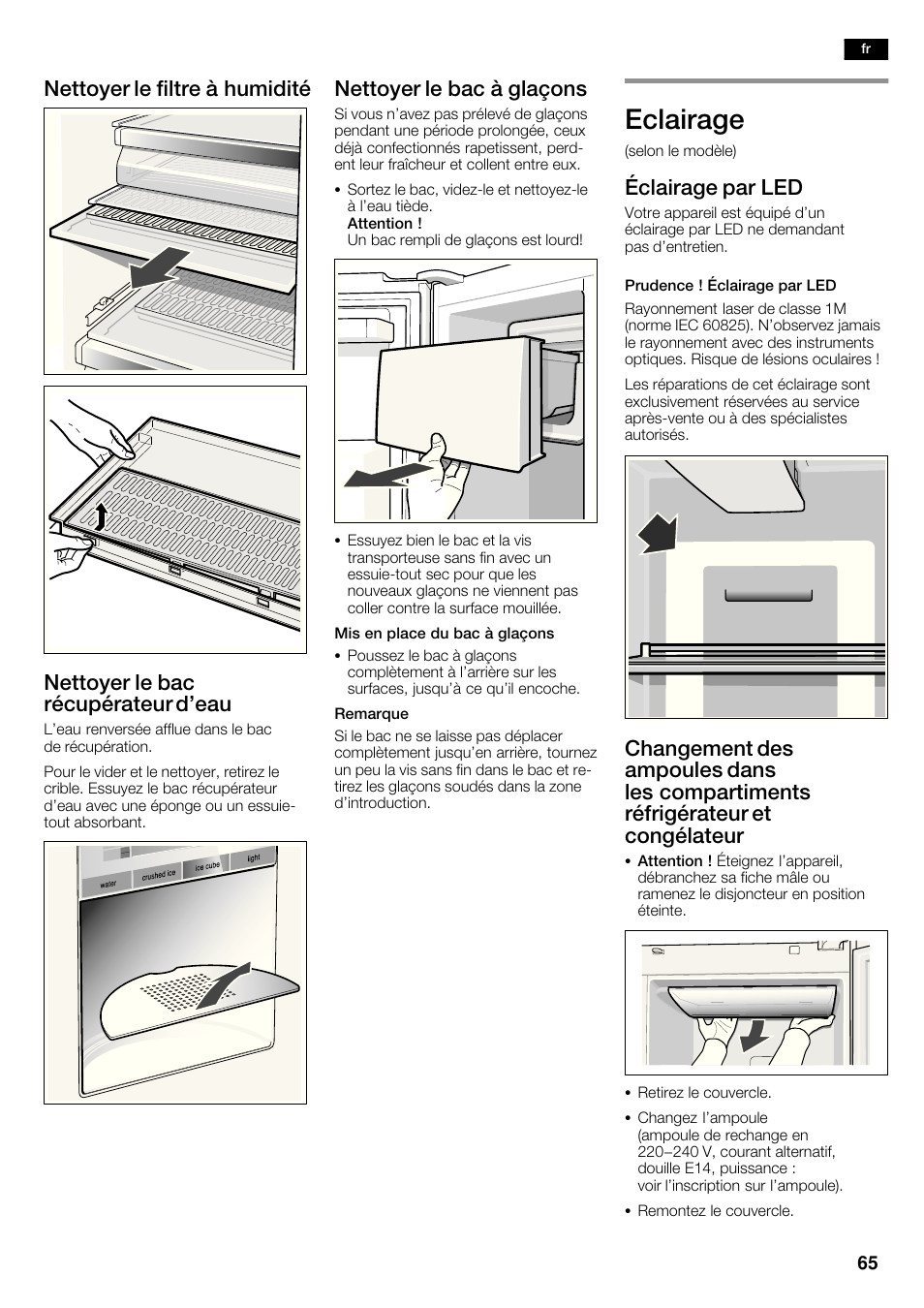 Eclairage, Nettoyer le bac à glaçons, Éclairage par led | Siemens KA63DA71 User Manual | Page 65 / 114