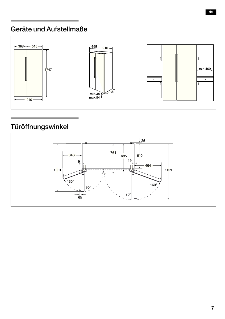 Geräte und aufstellmaße türöffnungswinkel | Siemens KA63DA71 User Manual | Page 7 / 114