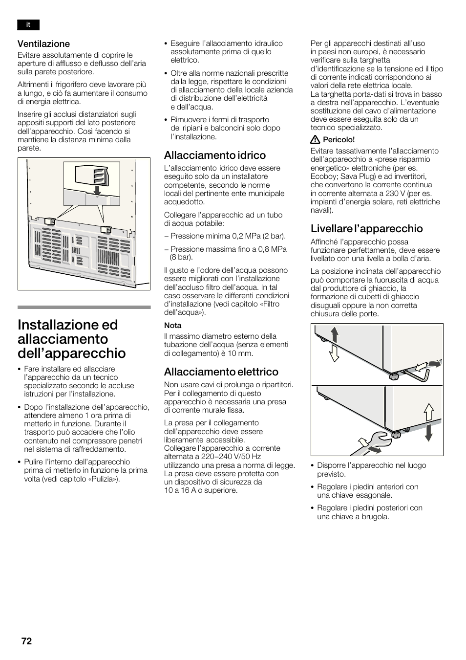 Installazione ed allacciamento dell'apparecchio, Allacciamento idrico, Allacciamento elettrico | Livellare l'apparecchio | Siemens KA63DA71 User Manual | Page 72 / 114
