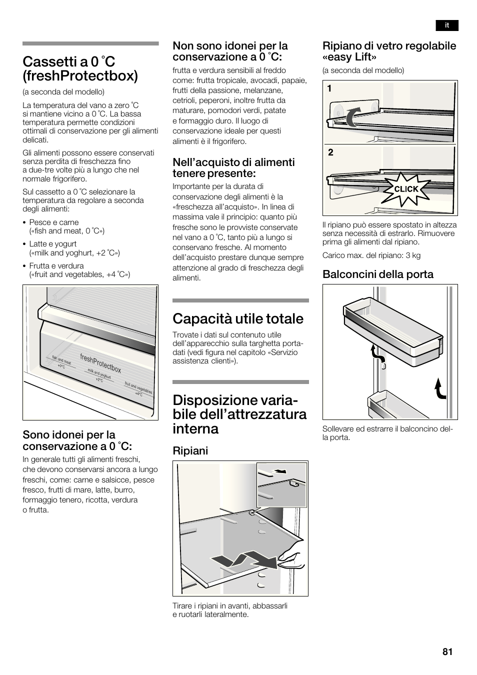 Cassetti a 0 °c (freshprotectbox), Capacità utile totale, Disposizione variać bile dell'attrezzatura interna | Siemens KA63DA71 User Manual | Page 81 / 114