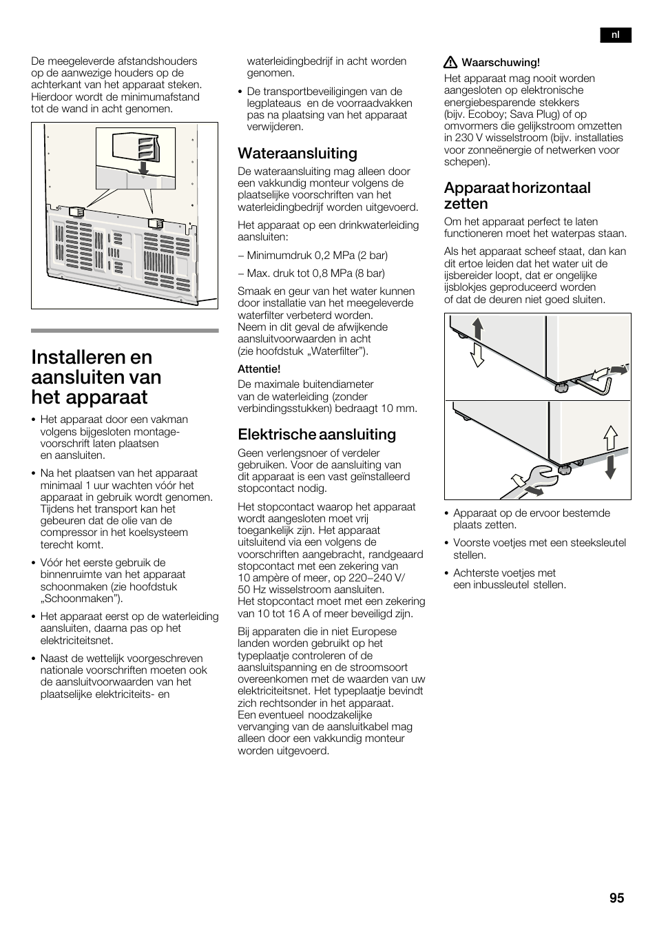 Installeren en aansluiten van het apparaat, Wateraansluiting, Elektrische aansluiting | Apparaat horizontaal zetten | Siemens KA63DA71 User Manual | Page 95 / 114