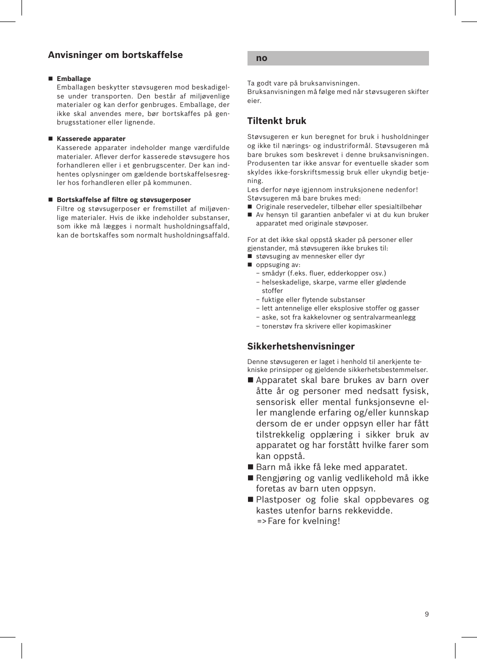 Anvisninger om bortskaffelse, Tiltenkt bruk, Sikkerhetshenvisninger | Siemens VSQ8SEN72A User Manual | Page 10 / 103