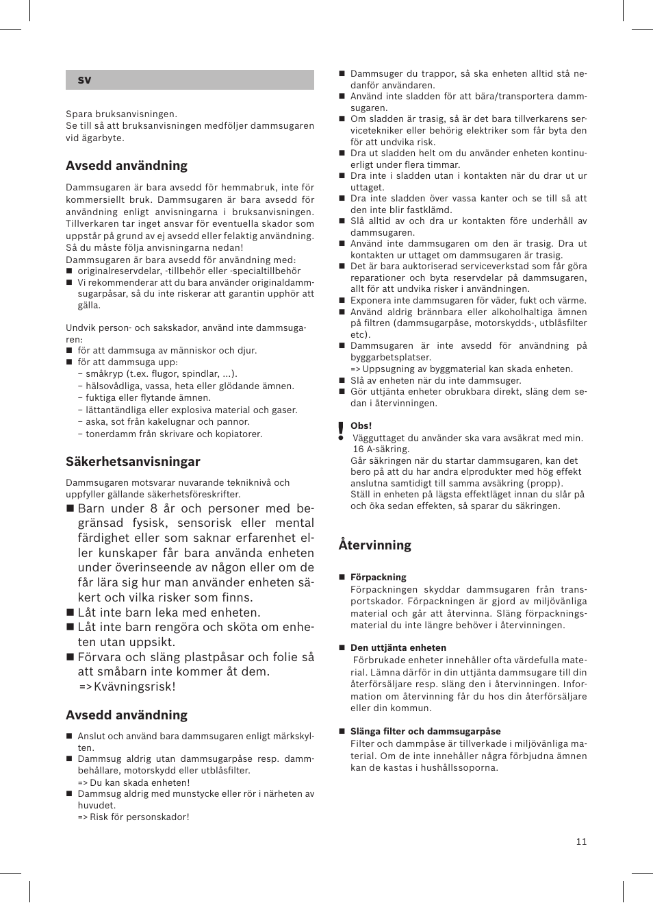 Avsedd användning, Säkerhetsanvisningar, Återvinning | Siemens VSQ8SEN72A User Manual | Page 12 / 103