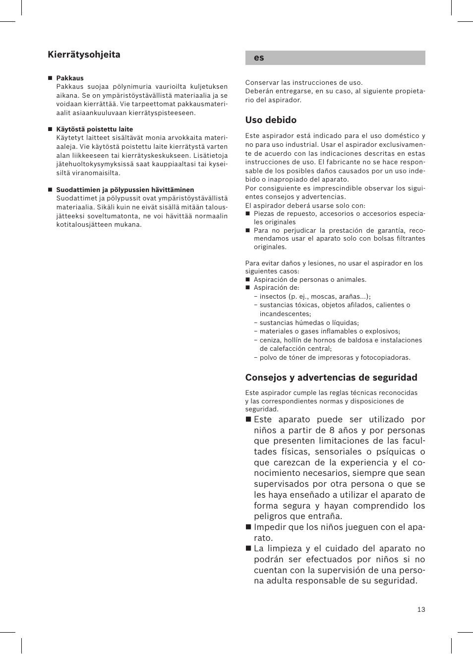 Kierrätysohjeita, Uso debido, Consejos y advertencias de seguridad | Siemens VSQ8SEN72A User Manual | Page 14 / 103