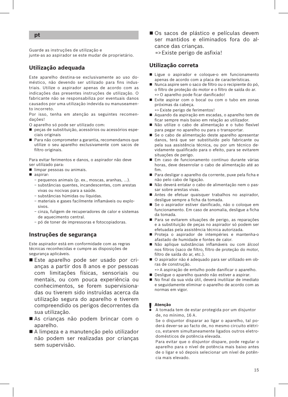 Utilização adequada, Instruções de segurança, Utilização correta | Siemens VSQ8SEN72A User Manual | Page 16 / 103
