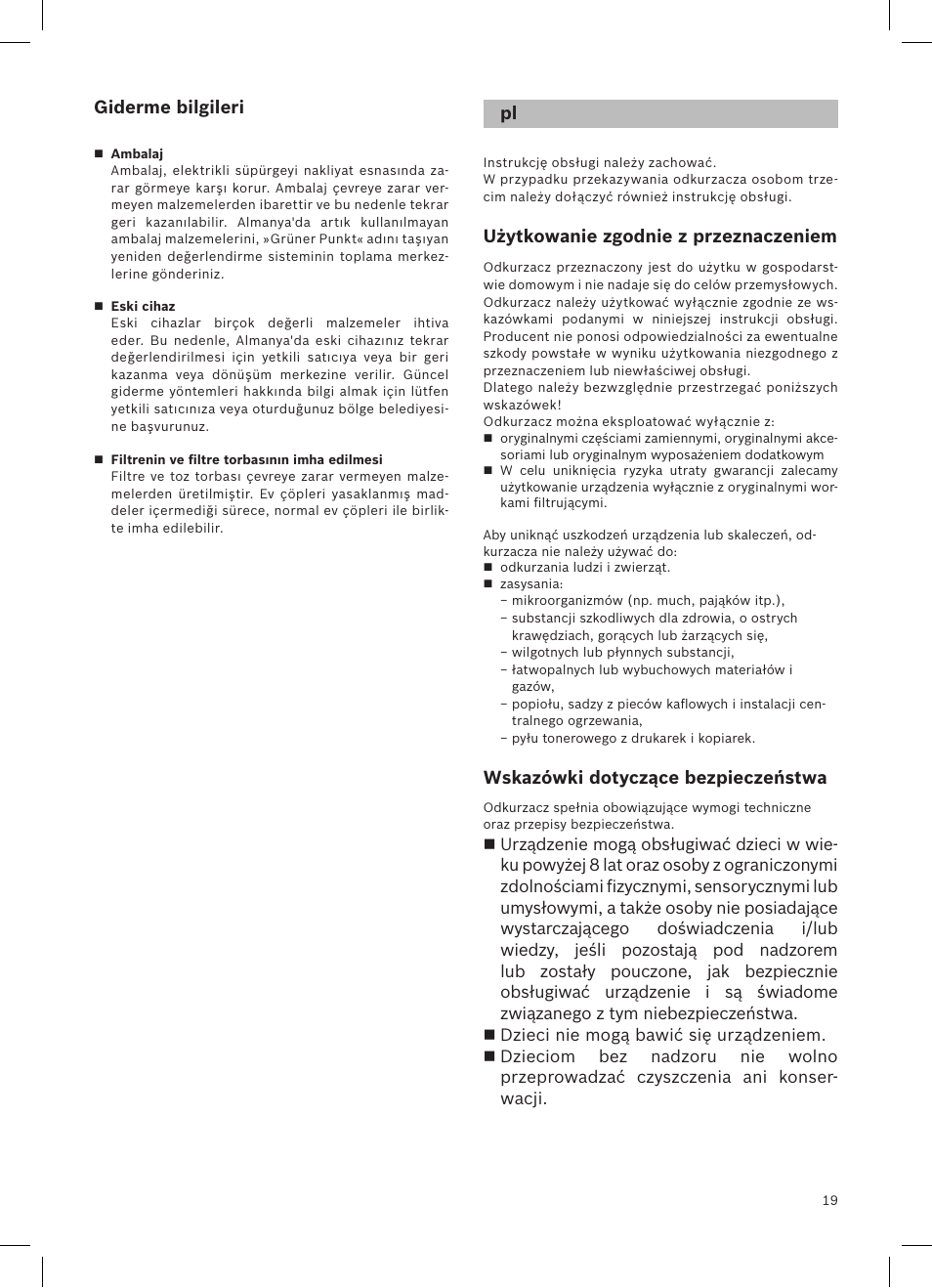 Giderme bilgileri, Użytkowanie zgodnie z przeznaczeniem, Wskazówki dotyczące bezpieczeństwa | Siemens VSQ8SEN72A User Manual | Page 20 / 103