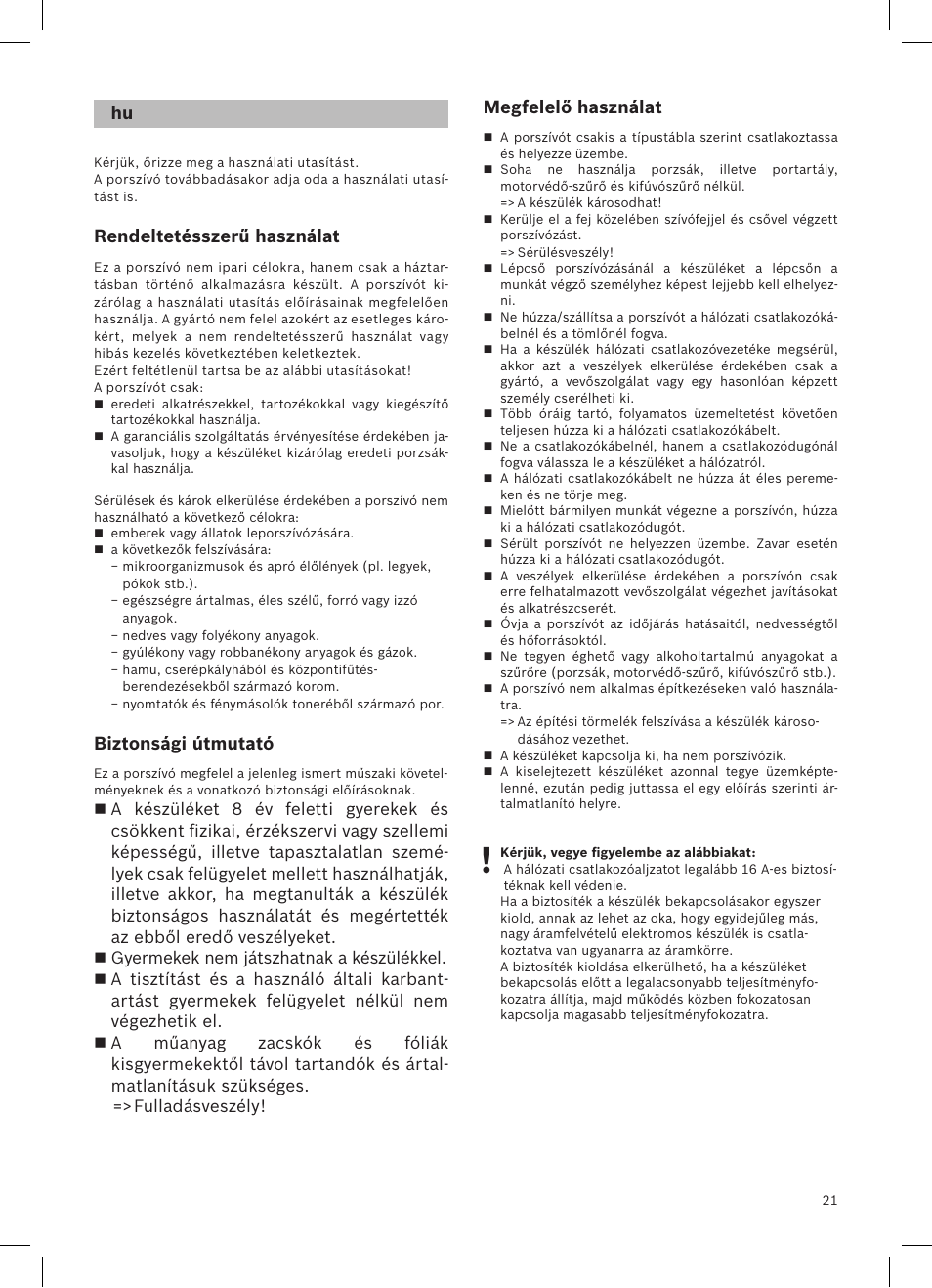 Rendeltetésszerű használat, Biztonsági útmutató, Megfelelő használat | Siemens VSQ8SEN72A User Manual | Page 22 / 103