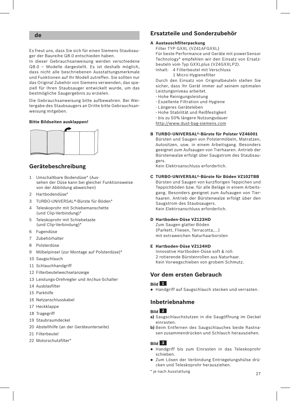 Gerätebeschreibung, Ersatzteile und sonderzubehör, Vor dem ersten gebrauch | Inbetriebnahme | Siemens VSQ8SEN72A User Manual | Page 28 / 103