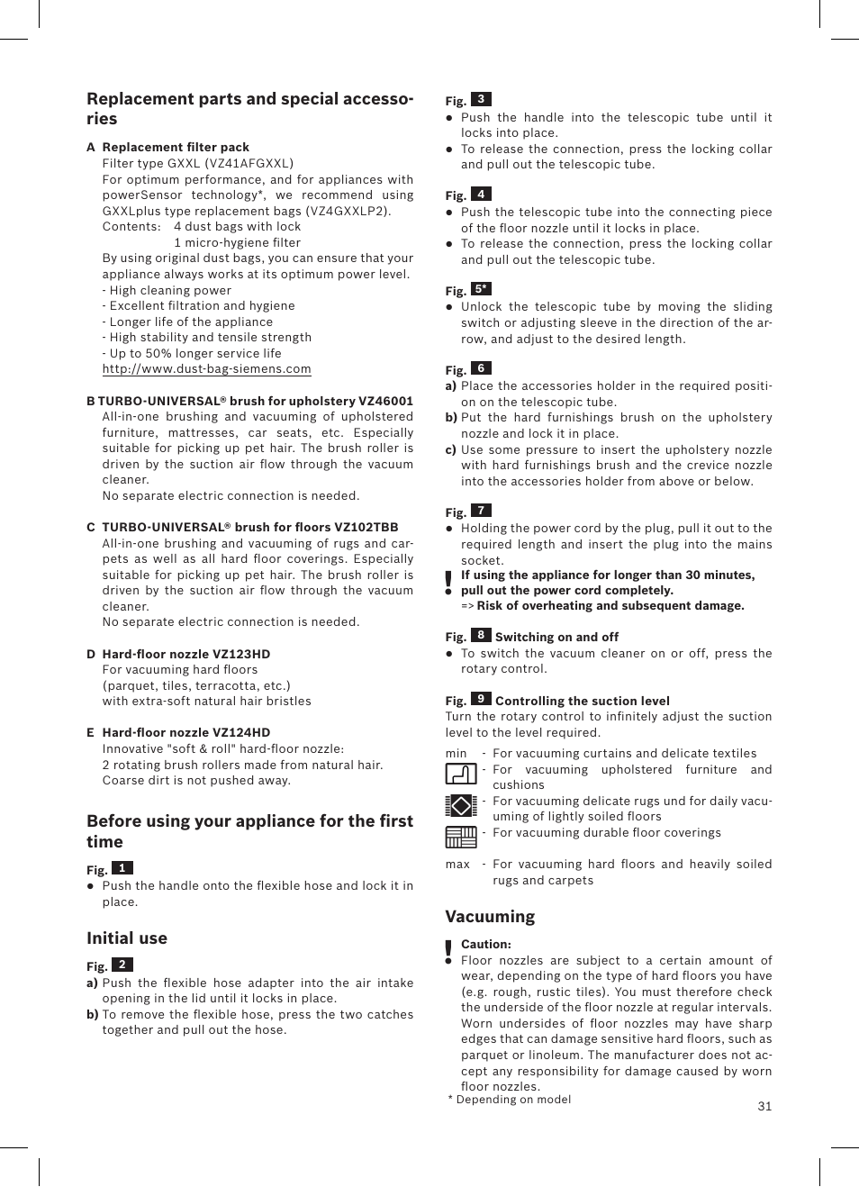 Replacement parts and special accesso- ries, Before using your appliance for the first time, Initial use | Vacuuming | Siemens VSQ8SEN72A User Manual | Page 32 / 103