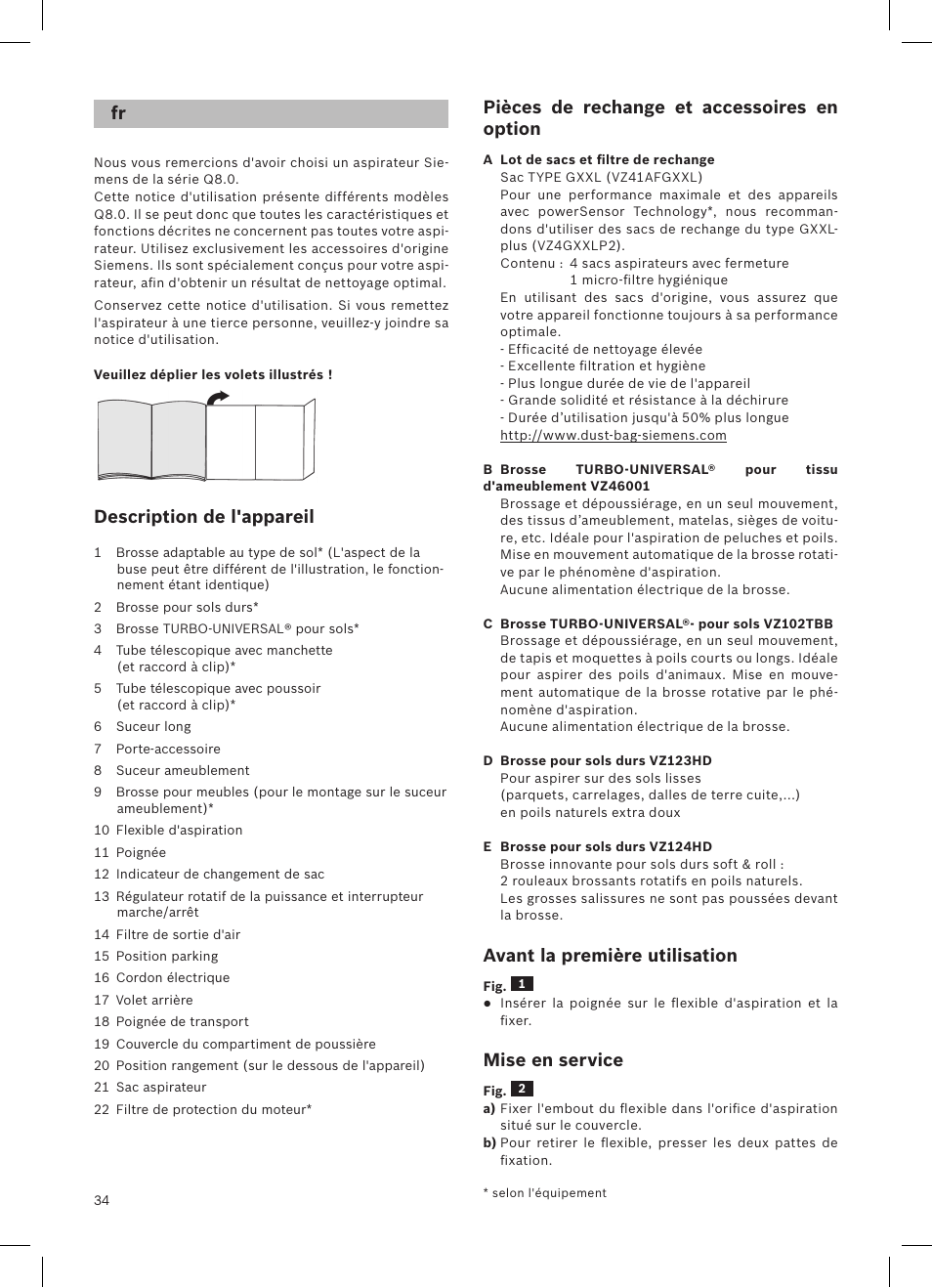 Description de l'appareil, Pièces de rechange et accessoires en option, Avant la première utilisation | Mise en service | Siemens VSQ8SEN72A User Manual | Page 35 / 103