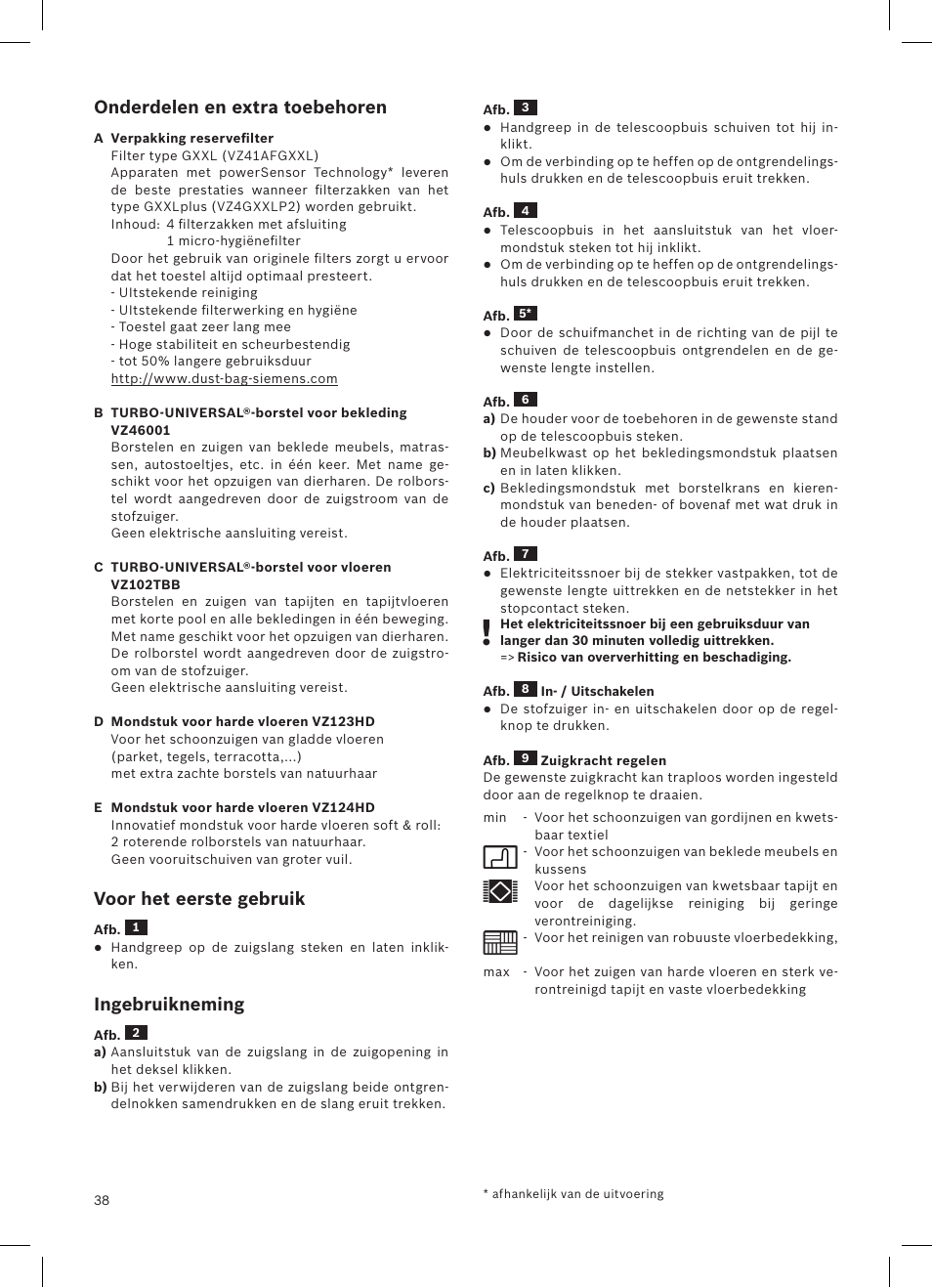 Onderdelen en extra toebehoren, Voor het eerste gebruik, Ingebruikneming | Siemens VSQ8SEN72A User Manual | Page 39 / 103