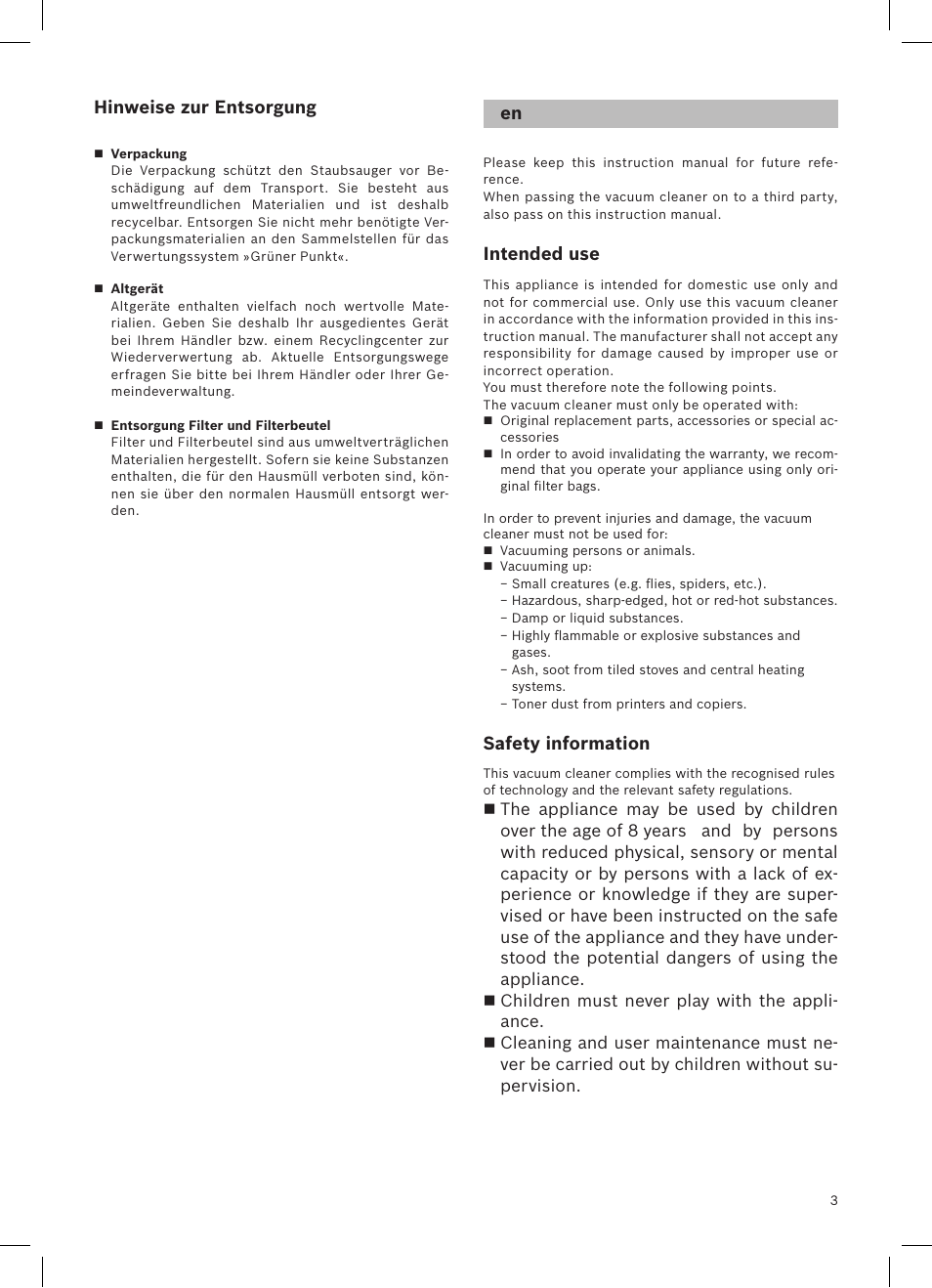 Hinweise zur entsorgung, Intended use, Safety information | Siemens VSQ8SEN72A User Manual | Page 4 / 103