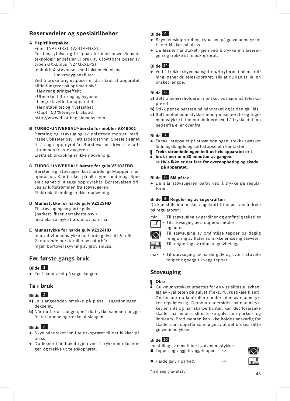 Reservedeler og spesialtilbehør, Før første gangs bruk, Ta i bruk | Støvsuging | Siemens VSQ8SEN72A User Manual | Page 46 / 103