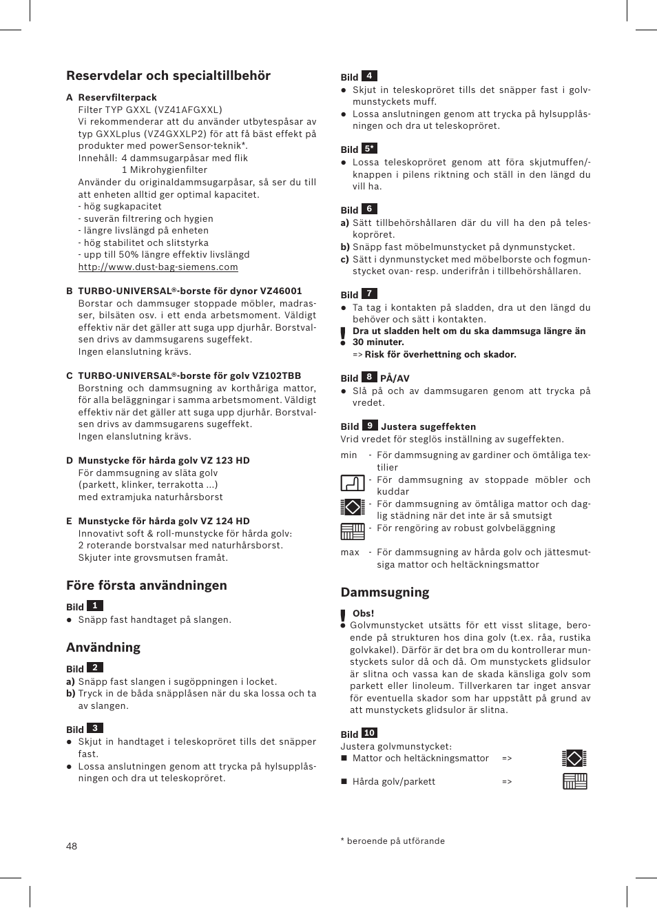 Reservdelar och specialtillbehör, Före första användningen, Användning | Dammsugning | Siemens VSQ8SEN72A User Manual | Page 49 / 103