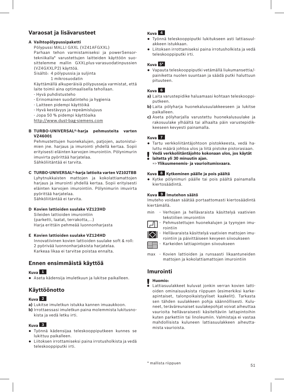 Varaosat ja lisävarusteet, Ennen ensimmäistä käyttöä, Käyttöönotto | Imurointi | Siemens VSQ8SEN72A User Manual | Page 52 / 103