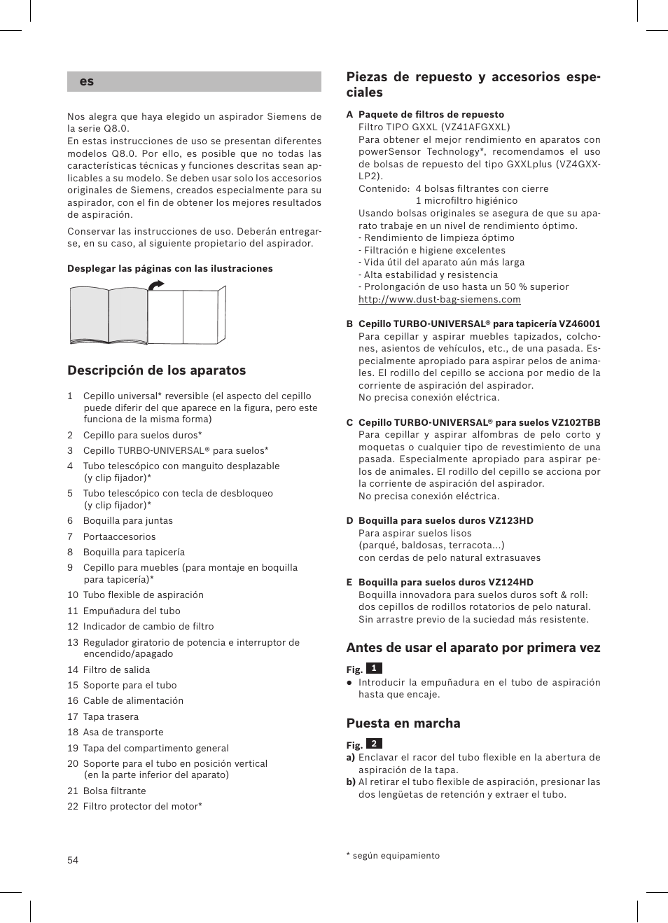 Descripción de los aparatos, Piezas de repuesto y accesorios espe- ciales, Antes de usar el aparato por primera vez | Puesta en marcha | Siemens VSQ8SEN72A User Manual | Page 55 / 103