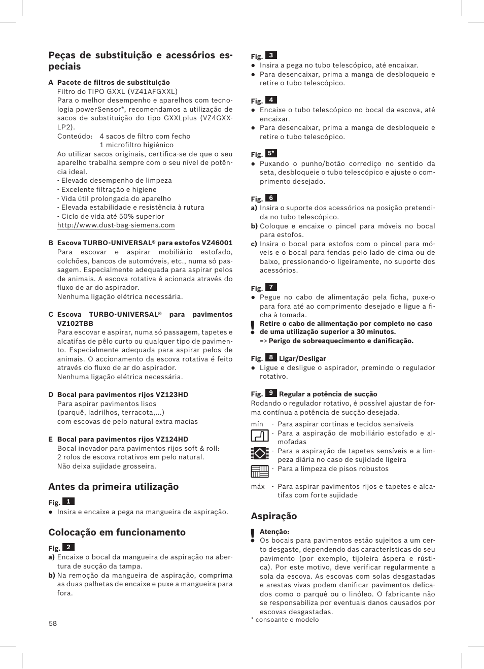 Peças de substituição e acessórios es- peciais, Antes da primeira utilização, Colocação em funcionamento | Aspiração | Siemens VSQ8SEN72A User Manual | Page 59 / 103
