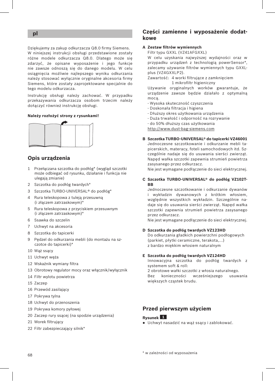 Opis urządzenia, Części zamienne i wyposażenie dodat- kowe, Przed pierwszym użyciem | Siemens VSQ8SEN72A User Manual | Page 69 / 103