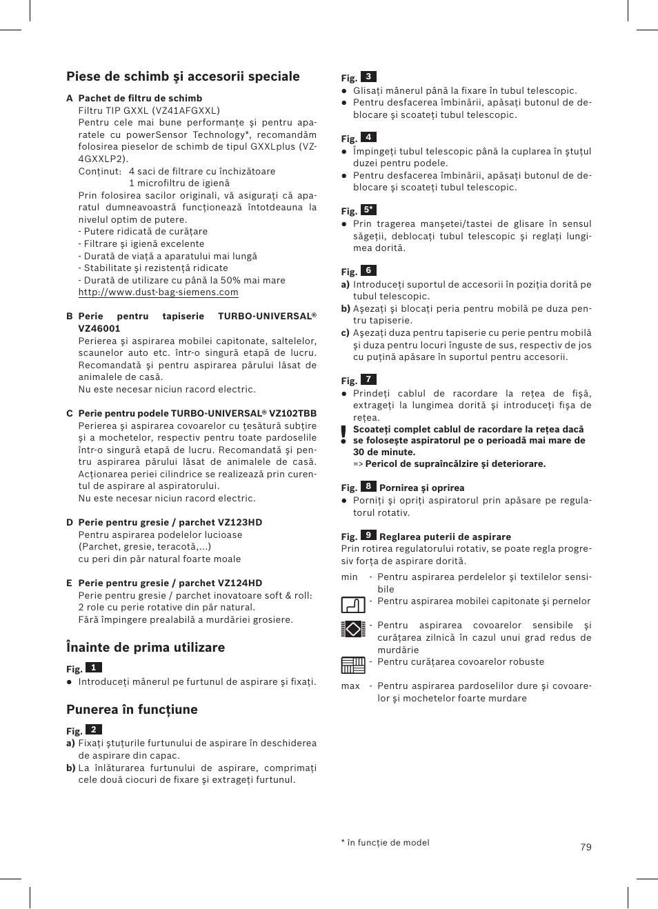 Piese de schimb şi accesorii speciale, Înainte de prima utilizare, Punerea în funcţiune | Siemens VSQ8SEN72A User Manual | Page 80 / 103