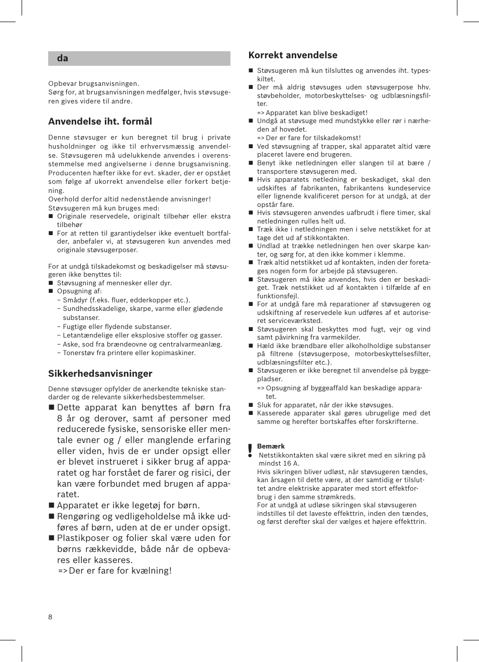 Anvendelse iht. formål, Sikkerhedsanvisninger, Korrekt anvendelse | Siemens VSQ8SEN72A User Manual | Page 9 / 103