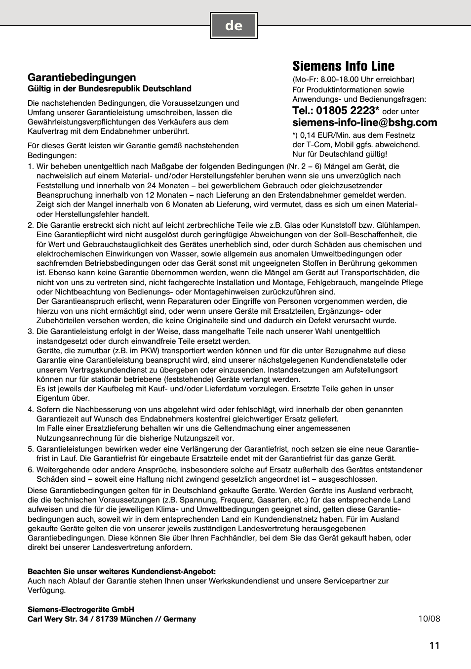 Siemens info line, Garantiebedingungen | Siemens DE2427555 User Manual | Page 11 / 64