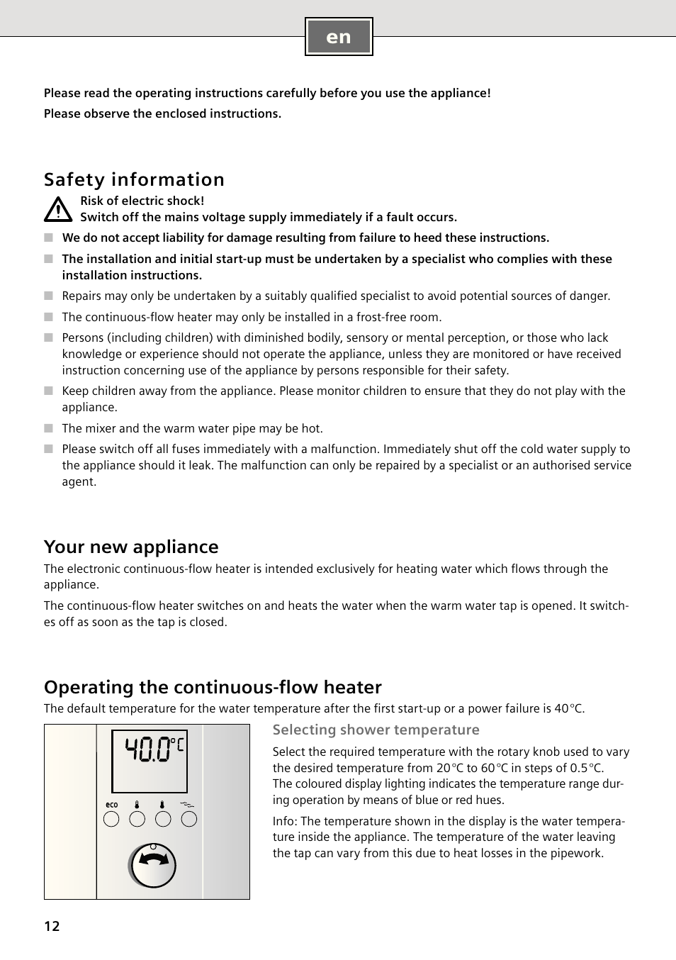 Safety information, Your new appliance, Operating the continuous-ﬂow heater | Siemens DE2427555 User Manual | Page 12 / 64