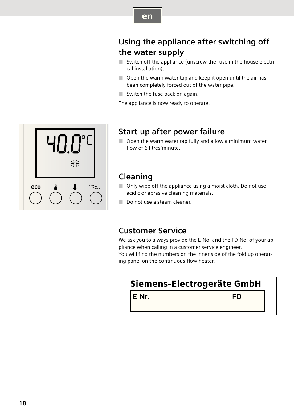 Start-up after power failure, Cleaning, Customer service | Siemens DE2427555 User Manual | Page 18 / 64