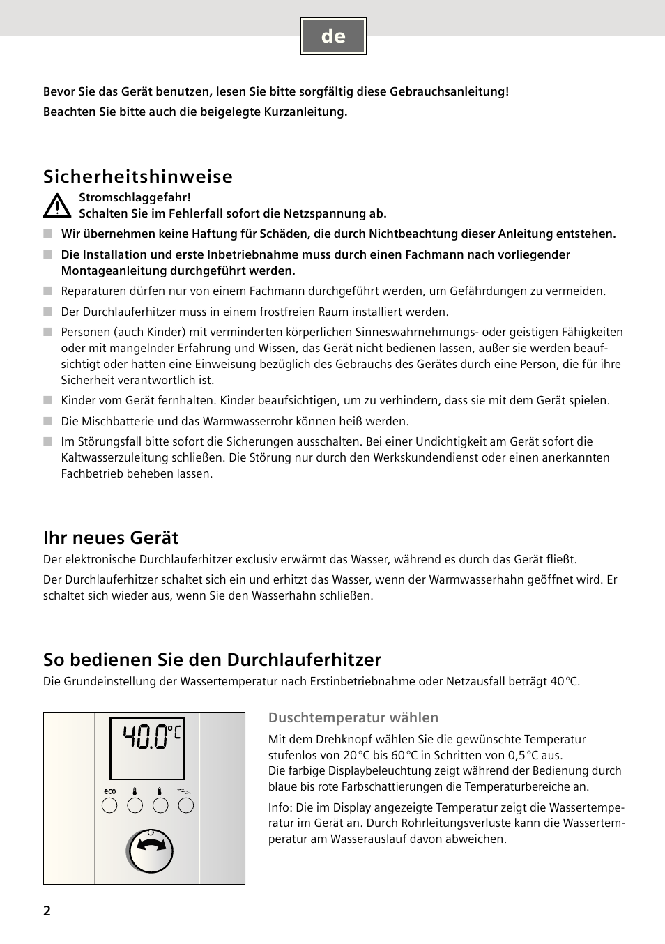 Sicherheitshinweise, Ihr neues gerät, So bedienen sie den durchlauferhitzer | Siemens DE2427555 User Manual | Page 2 / 64