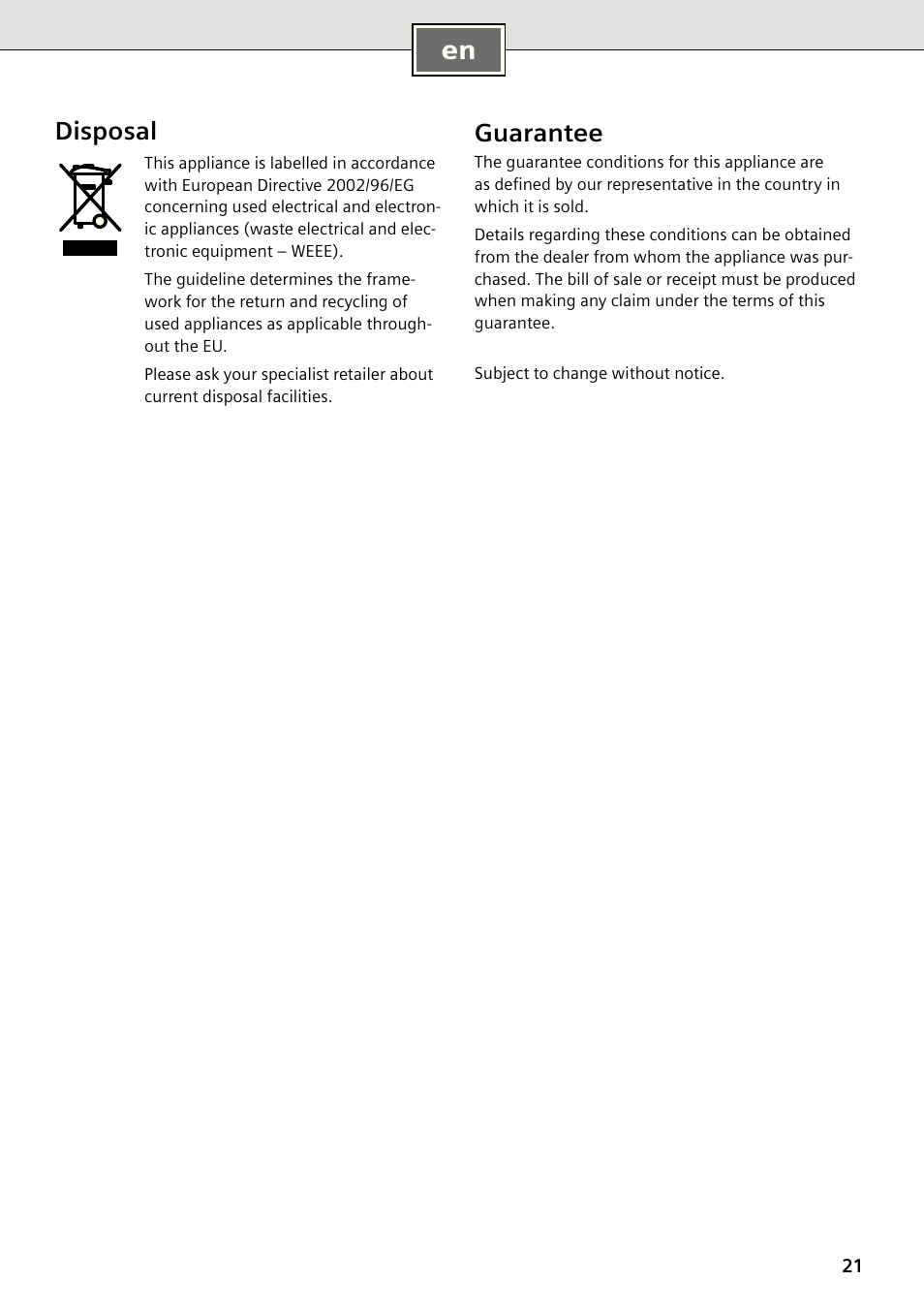 Disposal, Guarantee | Siemens DE2427555 User Manual | Page 21 / 64