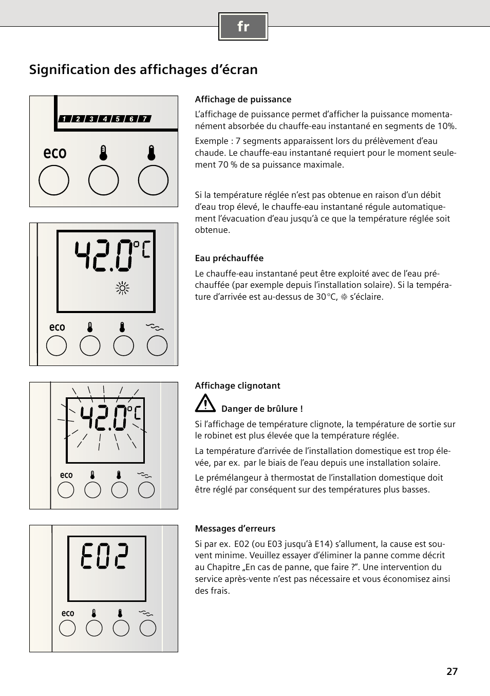 Signiﬁcation des afﬁchages d’écran | Siemens DE2427555 User Manual | Page 27 / 64