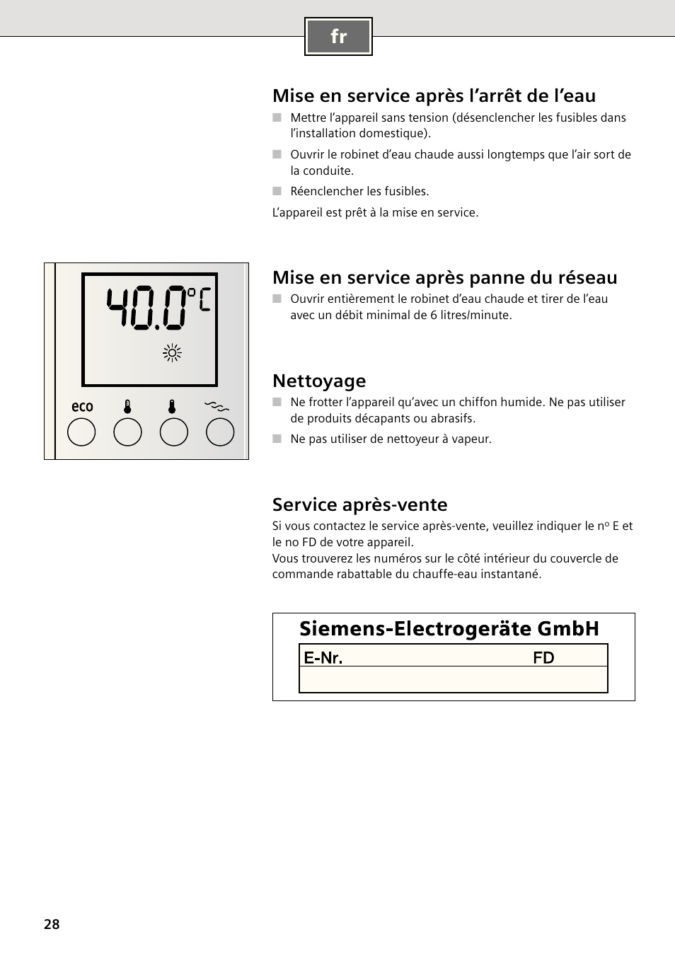 Mise en service après l’arrêt de l’eau, Mise en service après panne du réseau, Nettoyage | Service après-vente | Siemens DE2427555 User Manual | Page 28 / 64