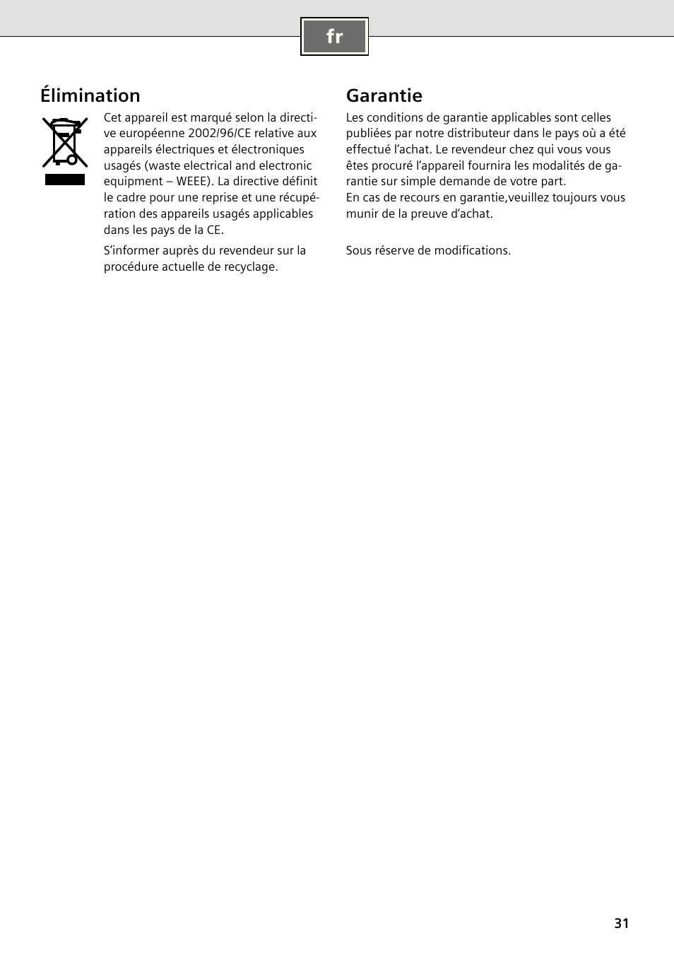 Élimination, Garantie | Siemens DE2427555 User Manual | Page 31 / 64