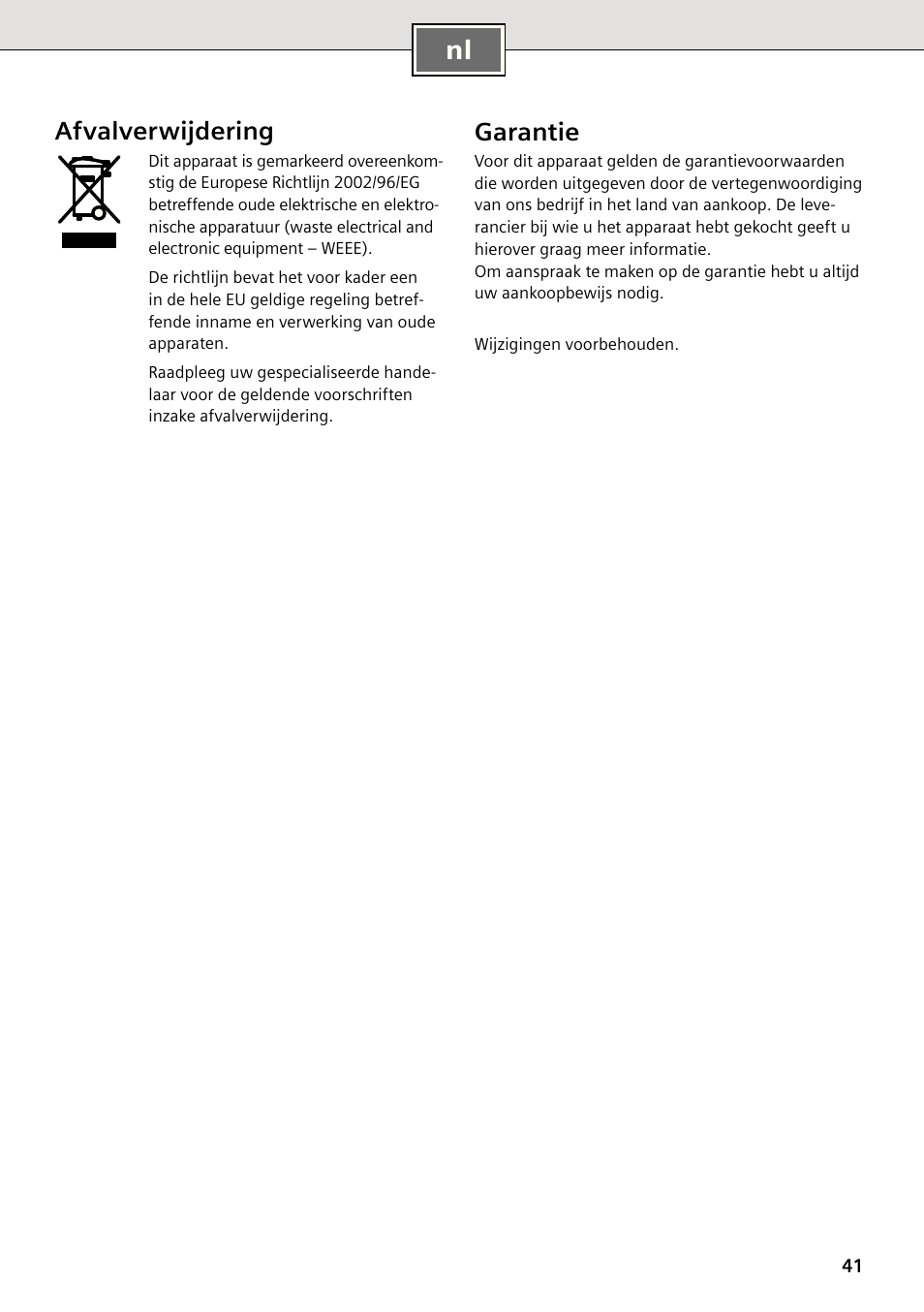 Garantie, Afvalverwijdering | Siemens DE2427555 User Manual | Page 41 / 64