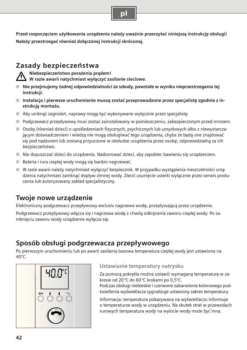 Zasady bezpieczeństwa, Twoje nowe urządzenie, Sposób obsługi podgrzewacza przepływowego | Siemens DE2427555 User Manual | Page 42 / 64