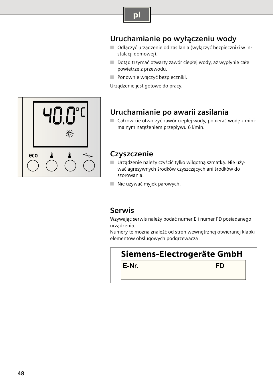 Uruchamianie po wyłączeniu wody, Uruchamianie po awarii zasilania, Czyszczenie | Serwis | Siemens DE2427555 User Manual | Page 48 / 64