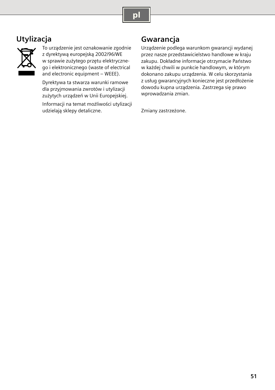 Gwarancja, Utylizacja | Siemens DE2427555 User Manual | Page 51 / 64