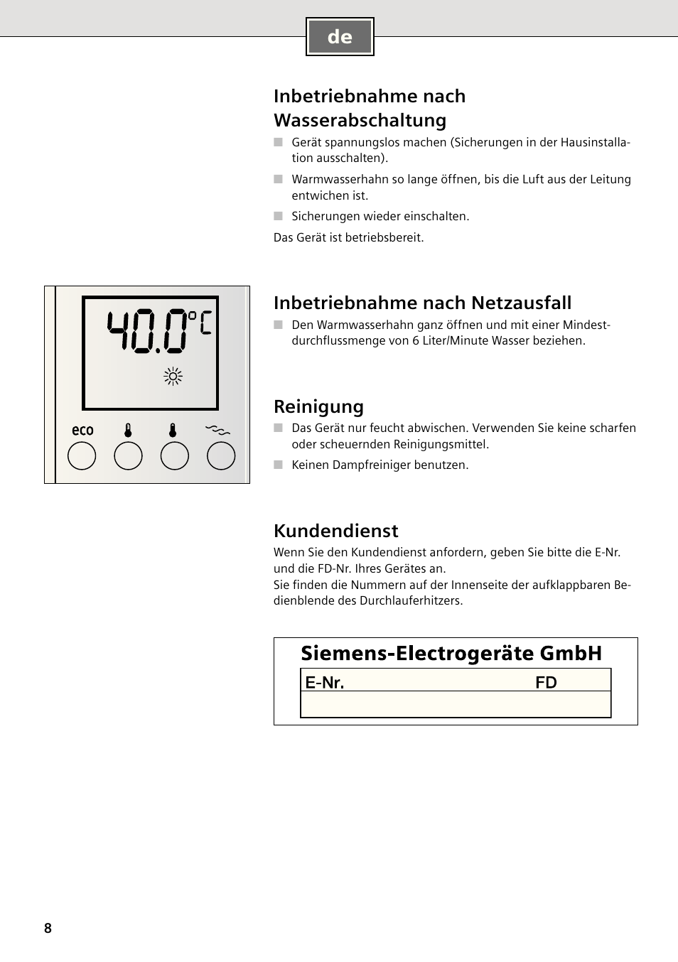 Inbetriebnahme nach wasserabschaltung, Inbetriebnahme nach netzausfall, Reinigung | Kundendienst | Siemens DE2427555 User Manual | Page 8 / 64
