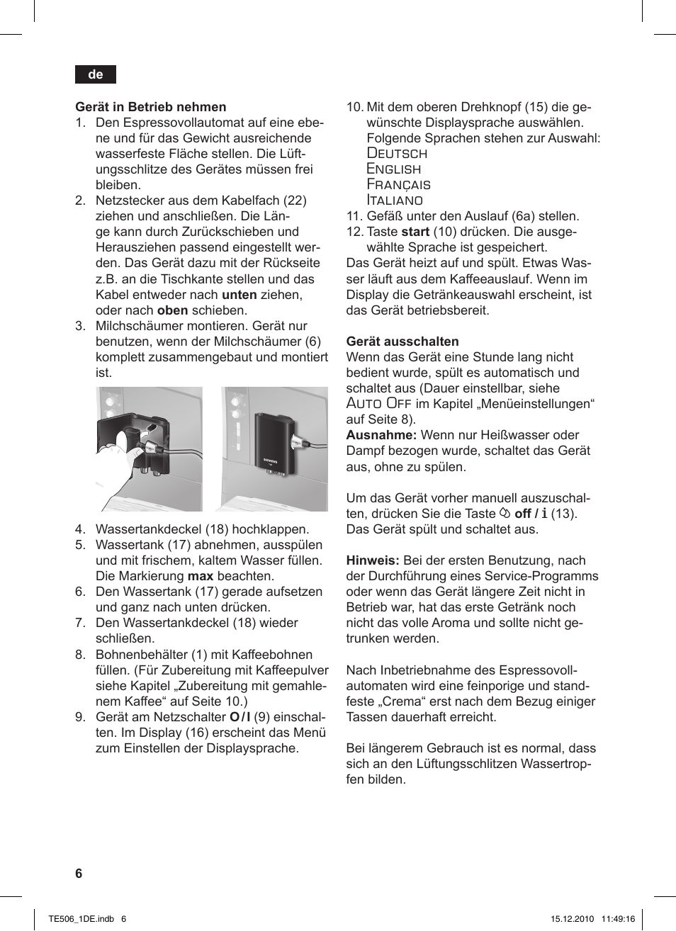 Deutsch english français italiano, Auto off | Siemens TE506501DE User Manual | Page 10 / 84