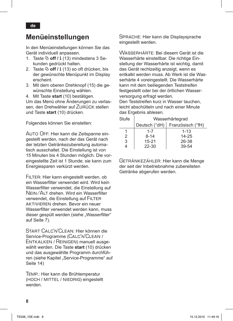 Menüeinstellungen, Zurück, Auto off | Filter, Nein/alt, Filter aktivieren, Start calc‘n‘clean, Calc‘n‘clean, Entkalken, Reinigen | Siemens TE506501DE User Manual | Page 12 / 84