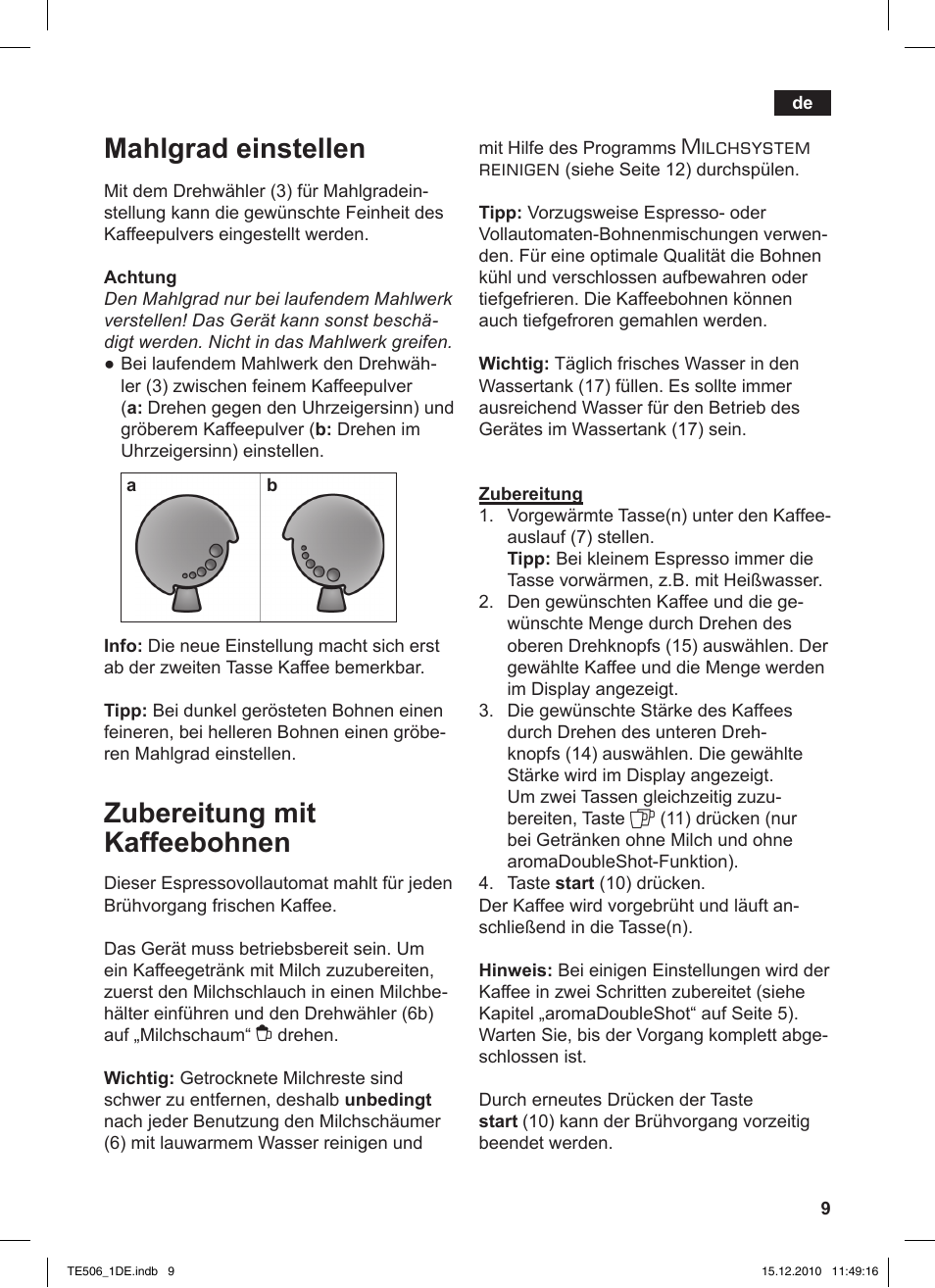 Mahlgrad einstellen, Zubereitung mit kaffeebohnen, Milchsystem reinigen | Siemens TE506501DE User Manual | Page 13 / 84