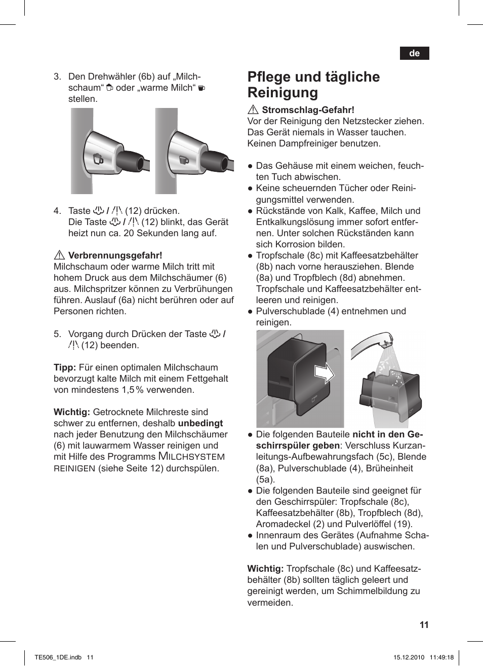 Pflege und tägliche reinigung, Milchsystem reinigen | Siemens TE506501DE User Manual | Page 15 / 84