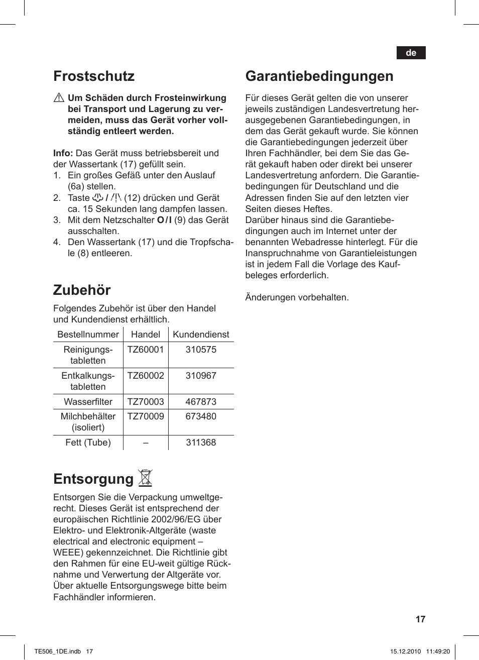 Frostschutz, Zubehör, Entsorgung | Garantiebedingungen | Siemens TE506501DE User Manual | Page 21 / 84