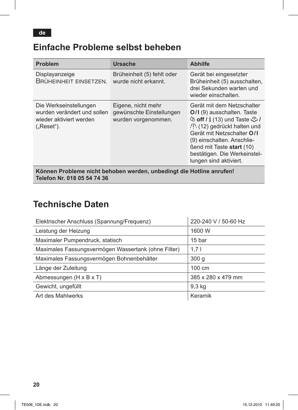 Einfache probleme selbst beheben, Technische daten, Brüheinheit einsetzen | Siemens TE506501DE User Manual | Page 24 / 84