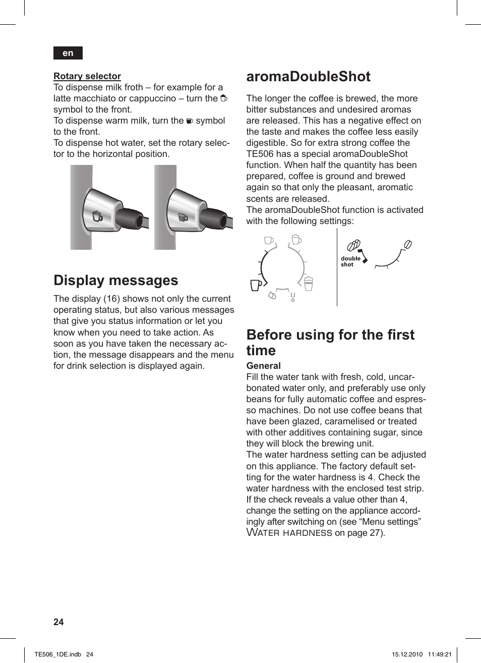 Display messages, Aromadoubleshot, Before using for the first time | Water hardness | Siemens TE506501DE User Manual | Page 28 / 84
