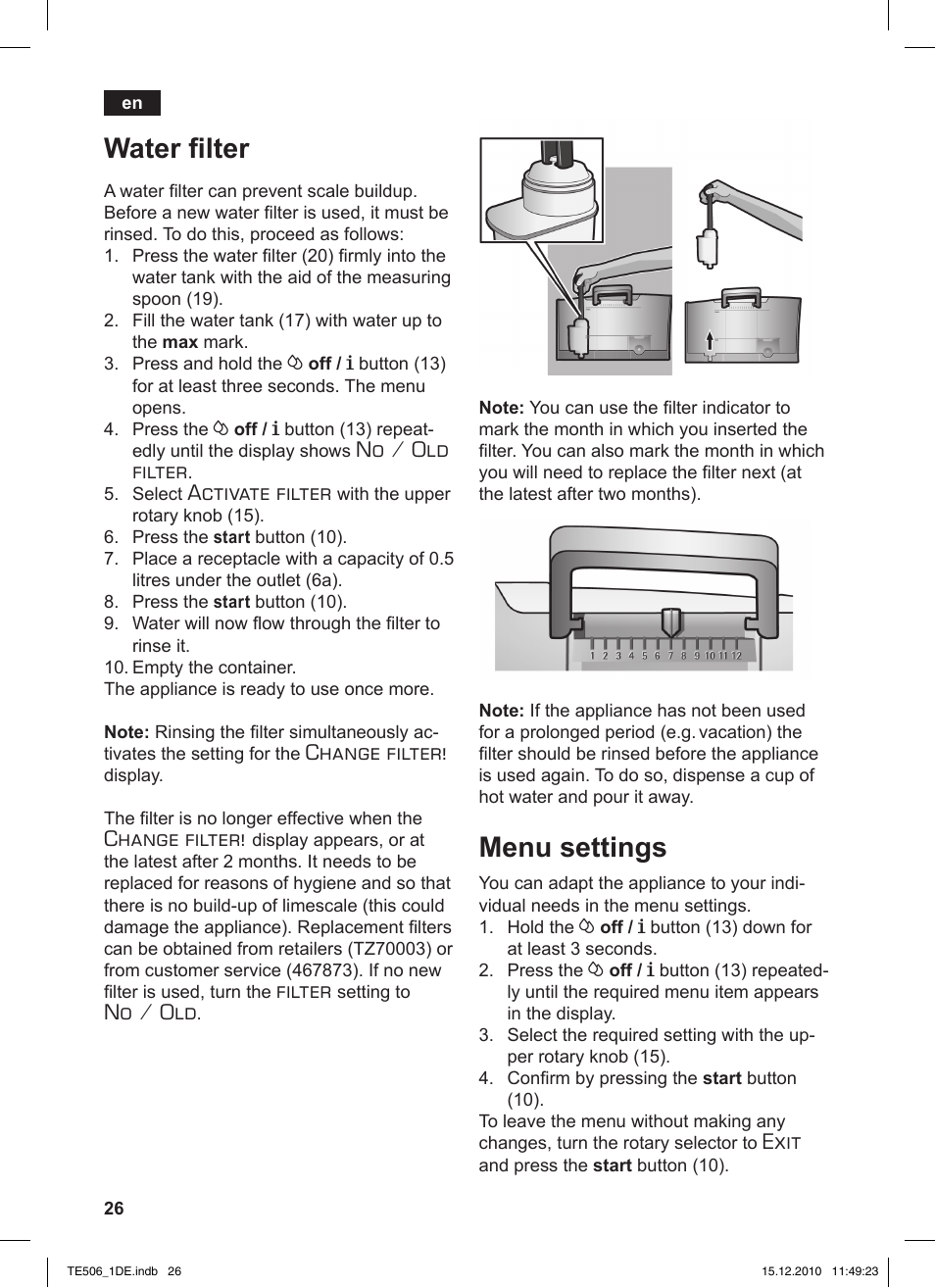 Water filter, Menu settings, No / old filter | Activate filter, Change filter, Filter, No / old, Exit | Siemens TE506501DE User Manual | Page 30 / 84
